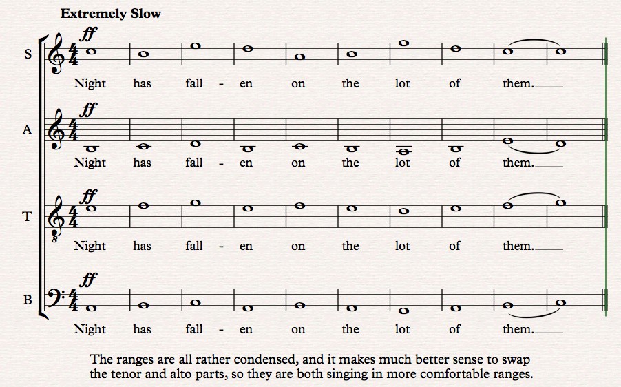 An extremely slow (all whole notes and fortissimo) parallel setting of the text: "Night has fallen on the lot of them." (Sopranos sing C5 B4 E5 D5 A4 B4 F5 D5 C5; alto sing B3 C4 D4 B3 C4 B3 A3 B3 E4 D4; tenors sing E4 F4 G4 E4 F4 E4 D4 E4 F4 G4; and basses sing A2 B2 C3 A2 B2 A2 G2 A2 B2 C3.) The ranges are all rather condensed and it makes much better sense to swap the tenor and alto parts so they are both singing in more comfortable ranges.