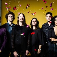 6 people in dark clothes posing in front of a yellow background with red petals in sky