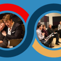 Collage of the American Lyric Theater with red, blue and yellow interweaving circles