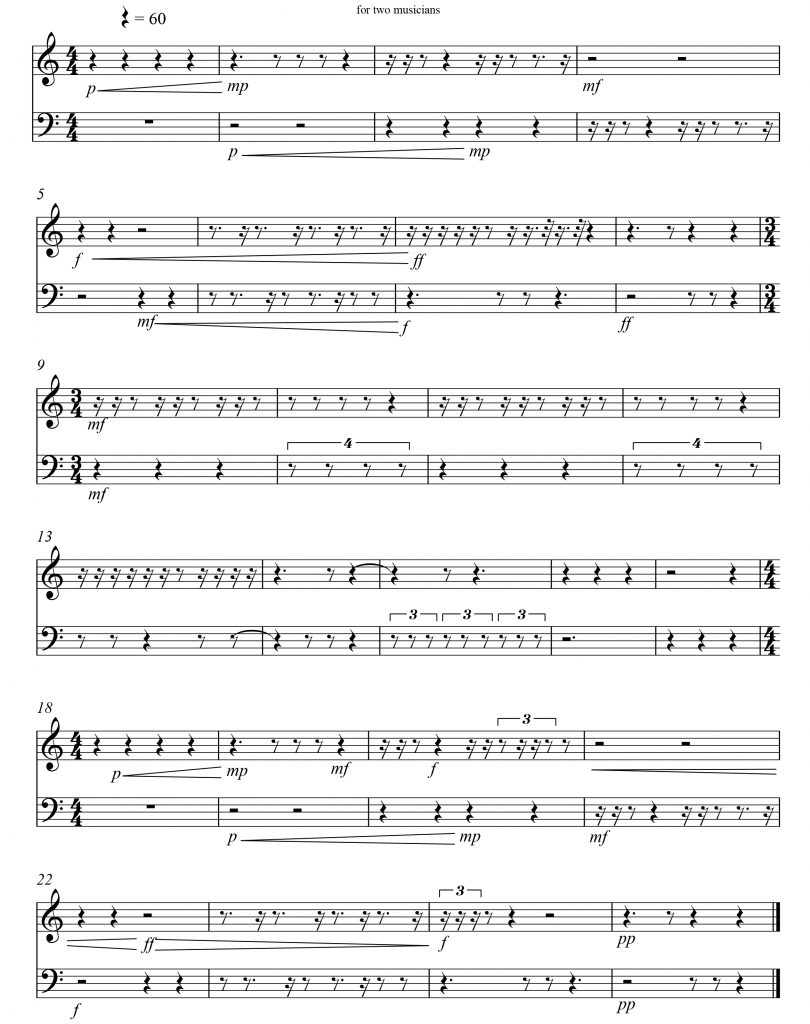 The musical score for Raven Chacon's composition Duet for 2 musicians which consists entirely of rests which are very precisely notated and embellished with various dynamic markings.